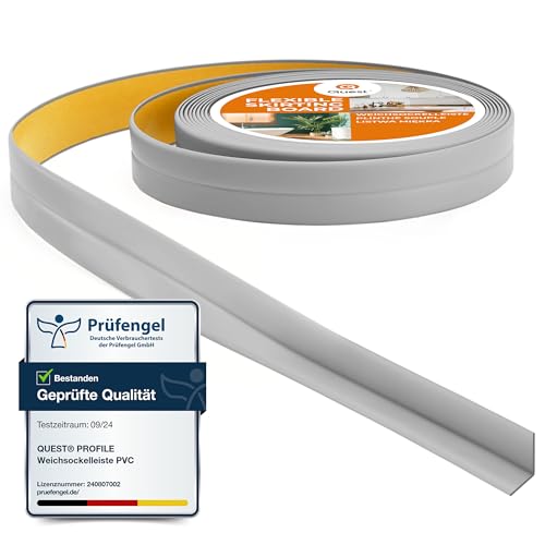 Quest Weichsockelleiste Selbstklebend, Knickleiste, Abschlussleiste für Küche, Badezimmer - Dichtungsband - PVC, Flexibel, Dicht, Dekorativ - 10 mm x 10 mm - 5 Meter, Grau von Quest