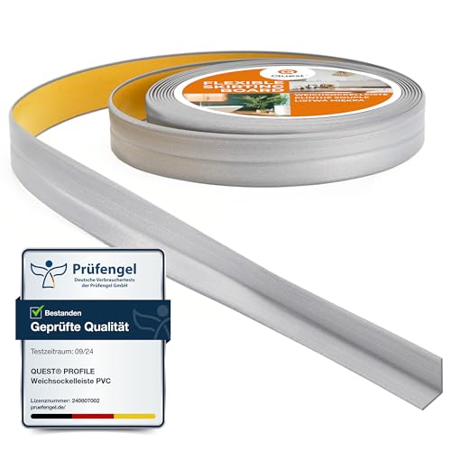 Quest Weichsockelleiste Selbstklebend, Knickleiste, Abschlussleiste für Küche, Badezimmer - Dichtungsband - PVC, Flexibel, Dicht, Dekorativ - 10 mm x 10 mm - 5 Meter, Silber von Quest