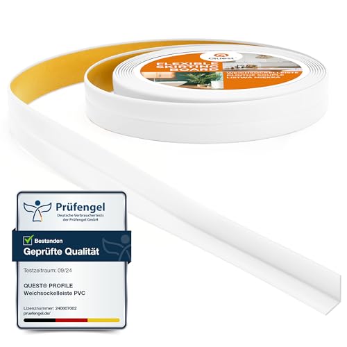 Quest Weichsockelleiste Selbstklebend, Knickleiste, Abschlussleiste für Küche, Badezimmer - Dichtungsband - PVC, Flexibel, Dicht, Dekorativ - 10 mm x 10 mm - 5 Meter, Weiß von Quest