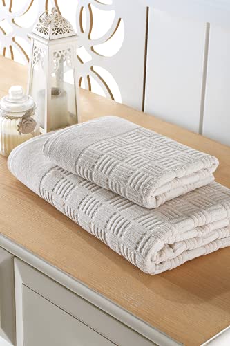 Questo Casa Badetuch-Set, 2-teilig, 100% Baumwolle, 20/2, kardiertes Jacquard-Velours, 450 g/m², 50 x 90 cm (1 Stück), 90 x 150 cm (1 Stück), Beige von Questo Casa