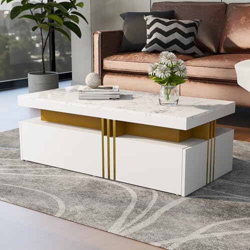 (≈N625P173142W Changed Materials and Pictures) Moderner rechteckiger Couchtisch mit Hochglanzplatte mit 2 Holzschubladen, marmorierte Tischplatte, für Wohnzimmer, 100 * 50 * 40 cm von Queta