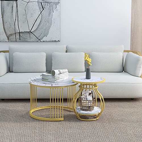 CouchTisch, Couchtisch 2er Set Rund Tisch Wohnzimmer Rund mit Metallgestell Beistelltisch Weiss Modern Satztische fürs Wohnzimmer, Weiß Gold Marmor Optik von Queta