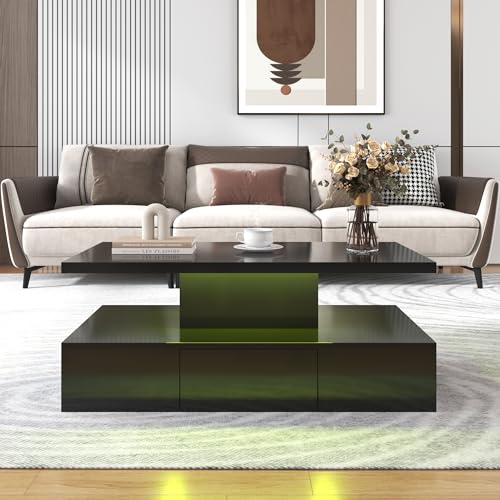 Couchtisch, Tisch mit Schubladen, Hochglanzlackierung, Beistelltisch mit Zwei Ablageebenen. Mit LED-Licht von Queta