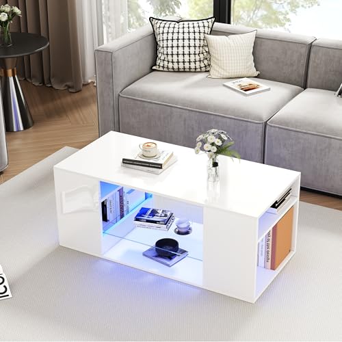 Hochglanz Couchtisch mit Glas, LED Couchtische, Weiß Kaffeetisch,Mehrere Lagerplätze,96x45x45 cm Hochglanz Couchtisch mit Glas, LED Couchtische, Weiß Kaffeetisch,Mehrere Lagerplätze,96x45x45 cm von Queta