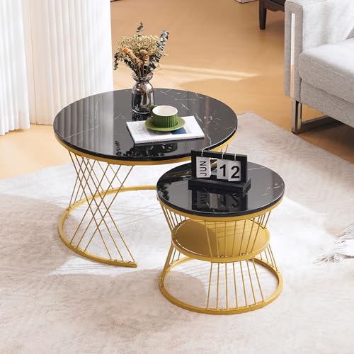 Moderne Nesting Couchtisch, Hochglanz Couchtisch Satz,Marmor Furnier Sofa Seite Nest von Tischen Runde Endtische, Satz von 2, Goldene Farbe Frame Moderne Nesting Couchtisch, Hochglanz Couchtisch Satz,Marmor Furnier Sofa Seite Nest von Tischen Runde Endtische, Satz von 2, Goldene Farbe Frame von Queta