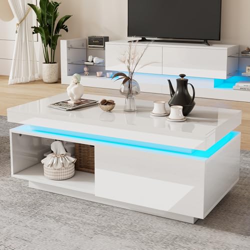 Moderner Hochglanz-Couchtisch mit LED-Beleuchtung, 100x50x40,3 cm – Eleganter Tisch mit Schublade und 50 kg Tragkraft von Queta