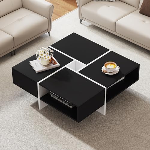 Moderner quadratischer Couchtisch 70x70x35cm - Schwarz-weißes Design, 5 offene Fächer, mittleres Ablagefach 10x10cm, Belastbarkeit 30KG, schwarzer quadratischer Couchtisch von Queta