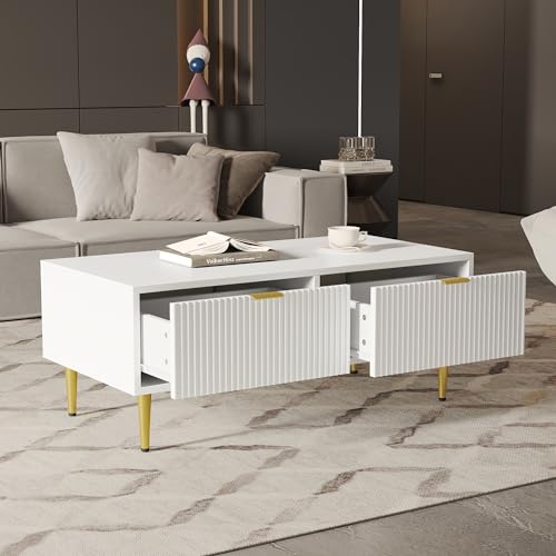 Moderner weißer Couchtisch mit goldenen Akzenten, 2 Schubladen, vertikales Streifendesign, 100 * 50 * 40cm, Wohnzimmer Couchtisch, Sofa Kurzschrank von Queta