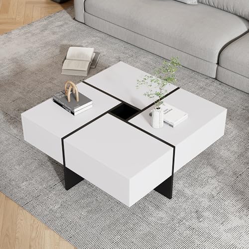 Queta Modernes 70 * 70 * 35cm Schwarzes und Weißes Quadratisches Couchtisch-Design mit 10 * 10cm Zentralem Aufbewahrungsfach – Belastbar bis 30KG,Weißer quadratischer Couchtisch von Queta