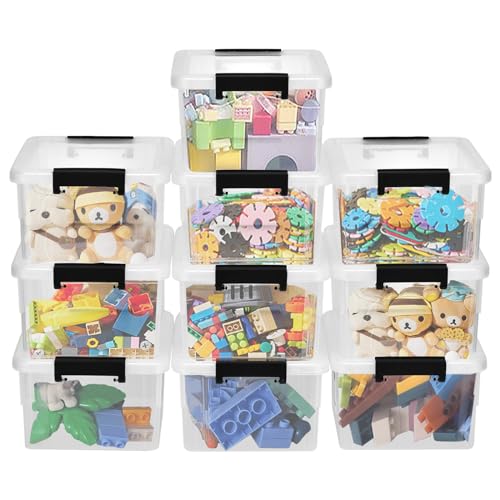 Queta Aufbewahrungsboxen mit Deckel, Kunststoff, transparent, stapelbar, Box für Regale, Spielzeug, Boxen mit Griffen, 10 Stück von Queta