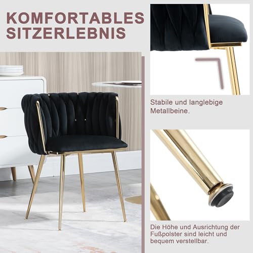 Queta Modernes luxuriöses Samt-Esszimmerstuhl-Set mit goldenen Metallbeinen, elegantem handgewebtem Design und weichen Kissen für Esszimmer, Wohnzimmer und Schlafzimmer (2er-Set) von Queta