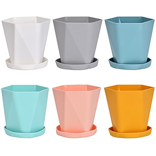 Queta Pflanztöpfe Kunststoff mit Untersetzer 6er-Set, Blumentopf aus Kunststoff für Sämlinge Miniaturpflanzen (Pink, Gelb, Blau,weiß, grün, grau) von Queta