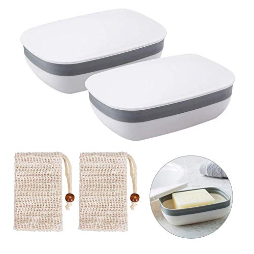 Queta Seifendose, 2 Stück Seifenschalen Box mit Abdeckung and 2 Stück Seifensäckchen Sisal für Badezimmer Reise (Weiß) von Queta