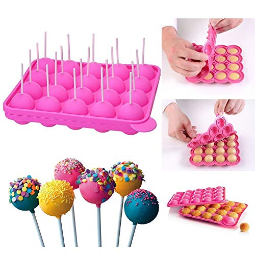 Queta Backform Cake Pop Formen, 20 runde Lollipop Form Tablett Silikonform für Cupcakes, Süßigkeiten, Gelee und Schokolade, antihaftbeschichtet, Pink von Queta