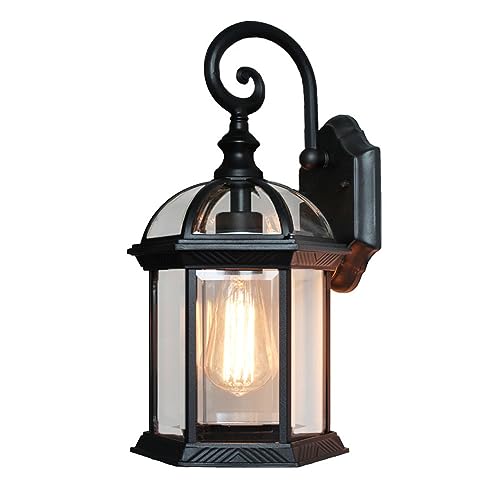 Antik Außen-Wandleuchte Schwarz Aluminiumguss Gartenlampe Glas-Schirm Wandlampe Aussen Innen Rustikal Außen wandlampe Wasserdicht IP23 Retro Außenleuchte Foyer Balkon Villa Fassadenlampe E27 von Quevia-Eletro