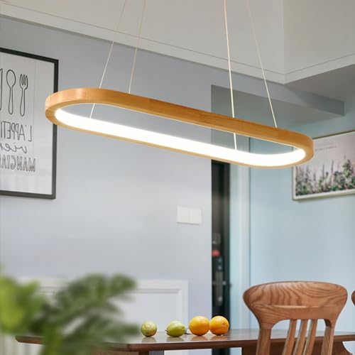Quevia-Eletro Moderne Esstisch Pendelleuchte LED Dimmbar Hängelampe Holz Oval Höhenverstellbar Kronleuchter Mit Fernbedienung 41W Esszimmer Hängeleuchte Kreativität Küche Wohnzimmerlampe Büro Lampe von Quevia-Eletro