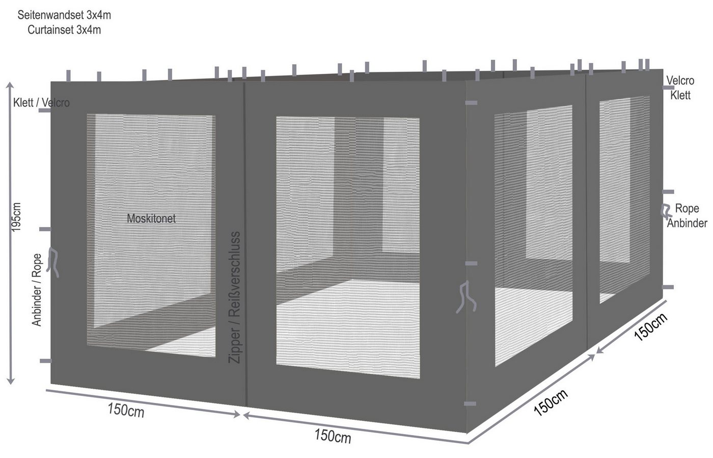 Quick Star Pavillonseitenteil 4 Seitenteile mit Netz Rankpavillon 3x3m Anthrazit, Mittig angebrachte Reißverschlüsse Quick Star Pavillonseitenteil 4 Seitenteile mit Netz Rankpavillon 3x3m Anthrazit, Mittig angebrachte Reißverschlüsse von Quick Star