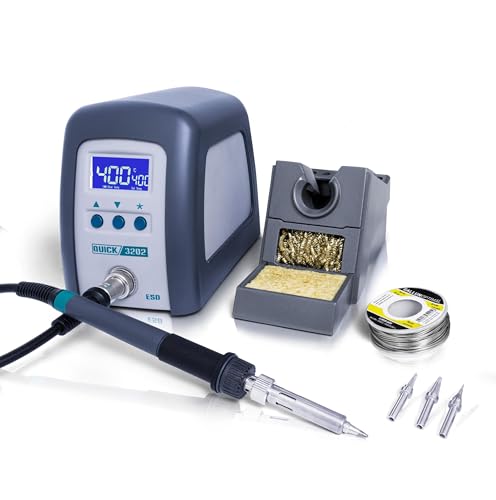 QUICK 3202 Digital Regelbare ESD Lötstation 90 Watt inkl. Lötkolben mit 1 mm Lötspitze und Zubehör - 100°- 550°C kalibrierbar - ESD Schutz und Auto-Standby-Funktion von Quick