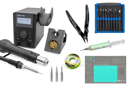 QUICK 707D+ 2-in-1 Reworkstation Sensor-geregelt und digital einstellbar 800 Watt, Heißluft 100-500°C bis 30L/min, 70 Watt Lötkolben bis 480°C - SMD Reworkstation mit 6-teiligem Zubehör-Set von Quick