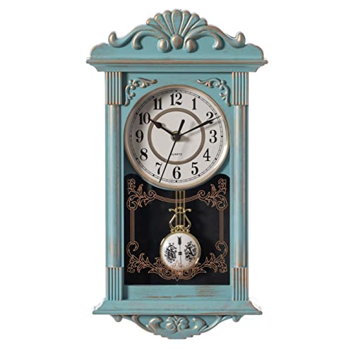 Clockswise Vintage Großvater Holzoptik Kunststoff Pendel Dekorative Batteriebetriebene Wanduhr für Büro, Heimdekoration, Wohnzimmer, Küche oder Esszimmer, Blau mit Gold Distressed Design von Clockswise