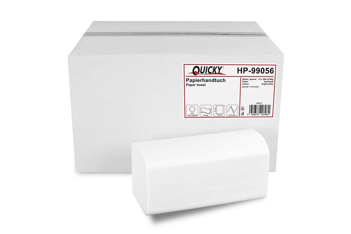 Quicky Papierhandtuch Zellstoff hochweiß, 2-lagig, 24 x 21 cm, 3.000 Blatt, ZZ/V-Falz von Quicky