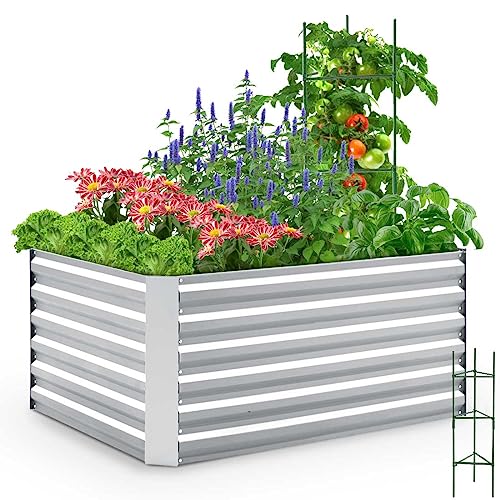 Quictent Hochbeet Metall 120 x 90 x 56cm, Kräuterbeet ohne Boden für Garten, Gemüsebeet Pflanzkasten Frühbeet mit Tomatenkäfigen, Silber von Quictent