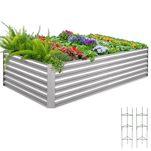 Quictent Hochbeet Metall 244x122x56cm, Wetterfestes Erhöhte Extragroße Pflanzenbeet, Gemüsebeet Pflanzkasten Frühbeet mit Tomatenkäfigen, Gartenbeet für Garten,Silber von Quictent