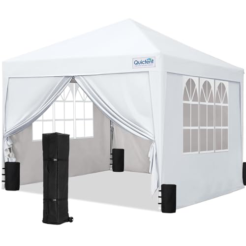 Quictent Pavillon 3x3 Faltpavillon mit 4 Seitenteilen, Wasserdicht Gartenpavillon mit 4 Sandsäcken & Rolltasche,Partyzelt Gartenzelt für Fest und Flohmarkt Weiß von Quictent