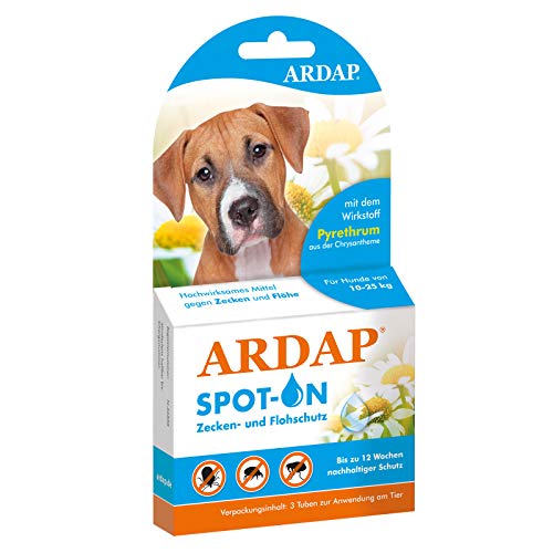 ARDAP Spot On für Hunde von 10 bis 25kg - Natürlicher Wirkstoff - Zeckenmittel für Hunde, Zeckenschutz Hund, Flohmittel Hund - 3 Tuben je 2,5ml - Bis zu 12 Wochen nachhaltiger Langzeitschutz von ARDAP