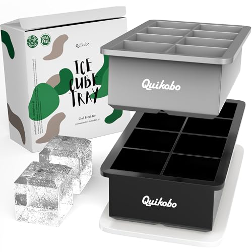 Quikobo 8-Fach Eiswürfelform Silikon, XXL 2er Pack Riesen Eiswürfelform mit Deckel, LFGB Zertifiziert, BPA-frei, für Babybrei Enfrieren, Gekühlte Getränke und Whisky (Dunkelgrau & Schwarz) von Quikobo