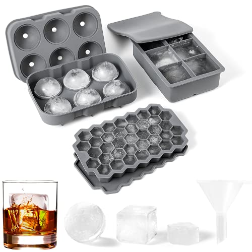 Quikobo Eiswürfelform Silikon Combo Formen - 3er Set, Kugel-Eis Bereiter, große Würfel & sechseckige Eisformen mit Deckel, Flexible Eiswürfelform für Whiskey, LFGB zertifiziert und BPA-frei von Quikobo