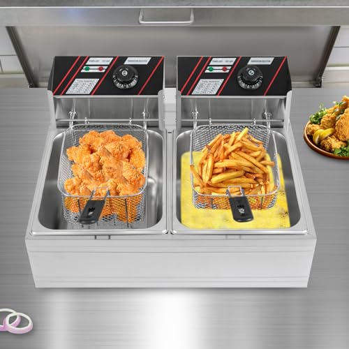 12L Kommerzielle Fritteuse Edelstahl Doppeltank-Elektrofritteuse, 2.5KW+2.5KW Elektro-Tauchfritteuse Fritöse Doppel Fritoese mit Deckel & Frittierkorb, 60-200℃ Gastro Friteuse für Restaurants, Cafés von Quiltern