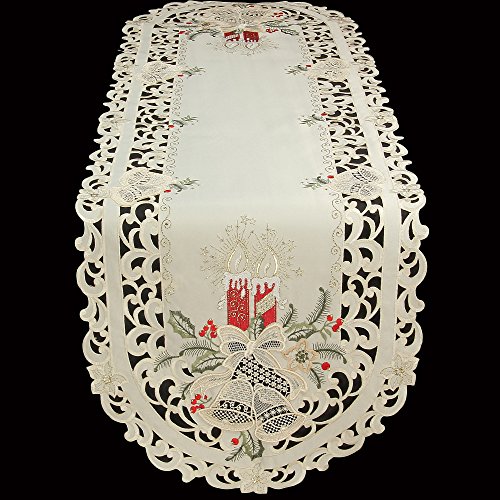 Quinnyshop Bezaubernder Weihnachten Tischläufer/Tischdeckchen Creme-Weiß mit Rot Kerzen Glocken Stickerei - Größe wählbar (ca. 30 x 160 cm Zugespitzt) von Quinnyshop