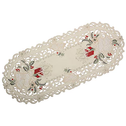 Bezaubernder Weihnachten Tischläufer/Tischdeckchen Creme-Weiß mit Rot Kerzen Glocken Stickerei - Größe wählbar (ca. 40 x 90 cm Oval) von Quinnyshop