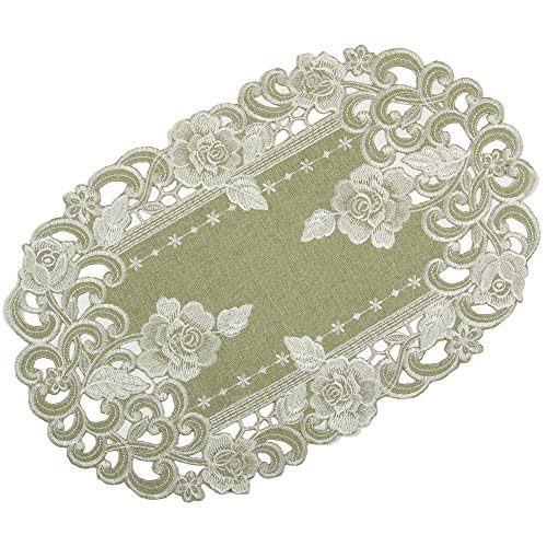 Quinnyshop Rosen Tischläufer/Tischdecke Leinen-Optik Grün-Beige mit Blumen Stickerei - Größe wählbar (ca. 30 x 45 cm Oval) von Quinnyshop