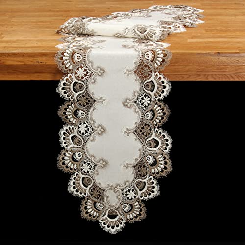Edle Jacquard Tischdecke/ -läufer mit Spitzen in Braun/Weiß ca. 30 x 158 cm von Quinnyshop