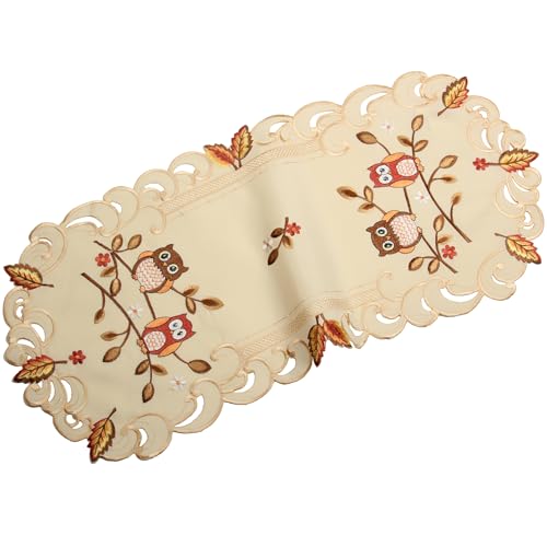 Eulen Tischläufer Tischdecke Kissenhülle Leinen-Optik Creme Beige Herbst Blatt Stickerei - Größe wählbar (ca. 40 x 90 cm Oval) von HanaQi