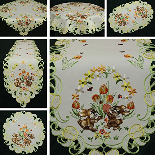 Ostern Tischläufer/Tischdecke Weiß mit gelb-orange Tulpen, Marienkäfer Stickerei - Größe wählbar (ca. 22 x 37 cm Oval) von Quinnyshop