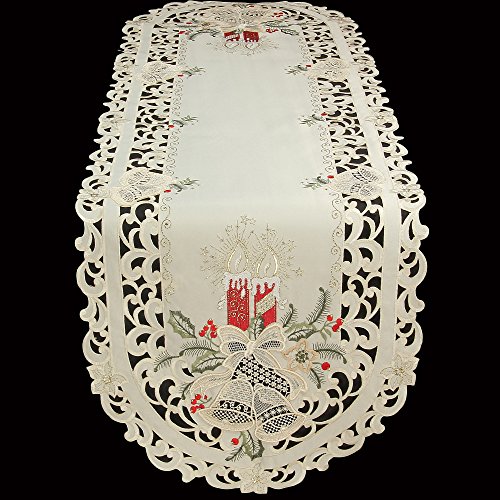 Quinnyshop Bezaubernder Weihnachten Mitteldecke/Tischläufer Creme-Weiß mit Rot Kerzen Glocken Stickerei - Größe wählbar (ca. 60 cm Rund) von Quinnyshop