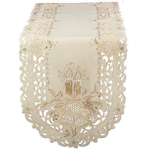 Bezaubernder Weihnachten Tischband/Tischläufer Creme-Weiß mit Gold Kerzen Glocken Stickerei - Größe wählbar (ca. 45 x 170 cm Oval) von Quinnyshop
