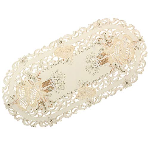 Bezaubernder Weihnachten Tischläufer/Tischdeckchen Creme-Weiß mit Gold Kerzen Glocken Stickerei - Größe wählbar (ca. 35 x 70 cm Oval) von Quinnyshop