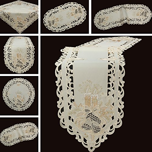 Quinnyshop Bezaubernder Weihnachten Tischläufer/Tischdeckchen Creme-Weiß mit Gold Kerzen Glocken Stickerei - Größe wählbar (ca. 40 x 110 cm Oval) von Quinnyshop