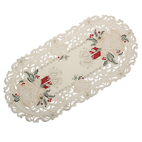 Quinnyshop Bezaubernder Weihnachten Tischläufer/Tischdeckchen Creme-Weiß mit Rot Kerzen Glocken Stickerei - Größe wählbar (ca. 35 x 70 cm Oval) von Quinnyshop