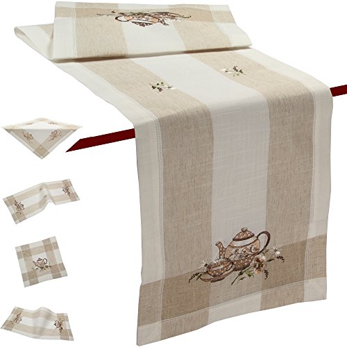 Quinnyshop Braune Teekanne Blumen Frühling Stickerei Tischdecke Deckchen ca. 35 x 35 cm Halb-Leinen, Beige von Quinnyshop