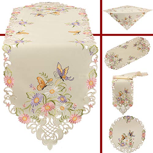 Quinnyshop Bunte Blumen Schmetterling Stickerei Mitteldecke 85 cm Rund Polyester, Ecru/Creme von Quinnyshop