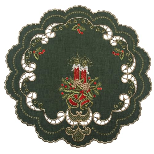 Dunkel-Grün Weihnachten Mitteldecke Tischdecke Leinen-Optik mit Rot Kerzen Stickerei (ca. 60 cm Rund) von Quinnyshop