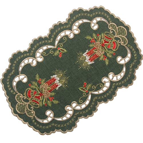 Dunkel-Grün Weihnachten Platzset Tisch-Deckchen Leinen-Optik mit Rot Kerzen Stickerei (ca. 30x45 cm Oval) von HanaQi