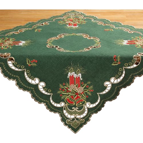 Dunkel-Grün Weihnachten Tischdecke Mitteldecke Leinen-Optik mit Rot Kerzen Stickerei (ca. 85x85 cm) von Quinnyshop