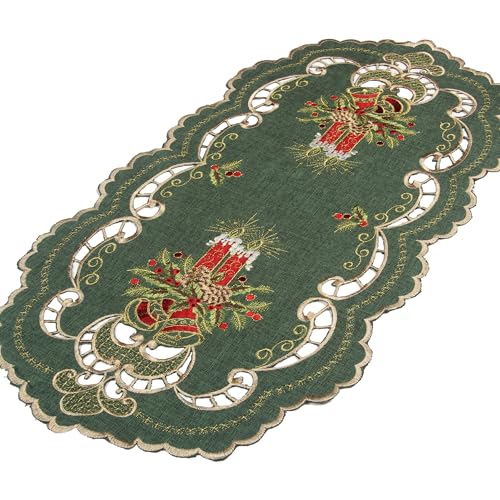 Quinnyshop Dunkel-Grün Weihnachten Tischläufer Tisch-Deckchen Leinen-Optik mit Rot Kerzen Stickerei (ca. 35x70 cm Oval) von Quinnyshop