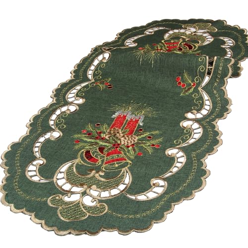 HanaQi Dunkel-Grün Weihnachten Tischläufer Tischdecke Leinen-Optik mit Rot Kerzen Stickerei (ca. 40x90 cm Oval) von HanaQi